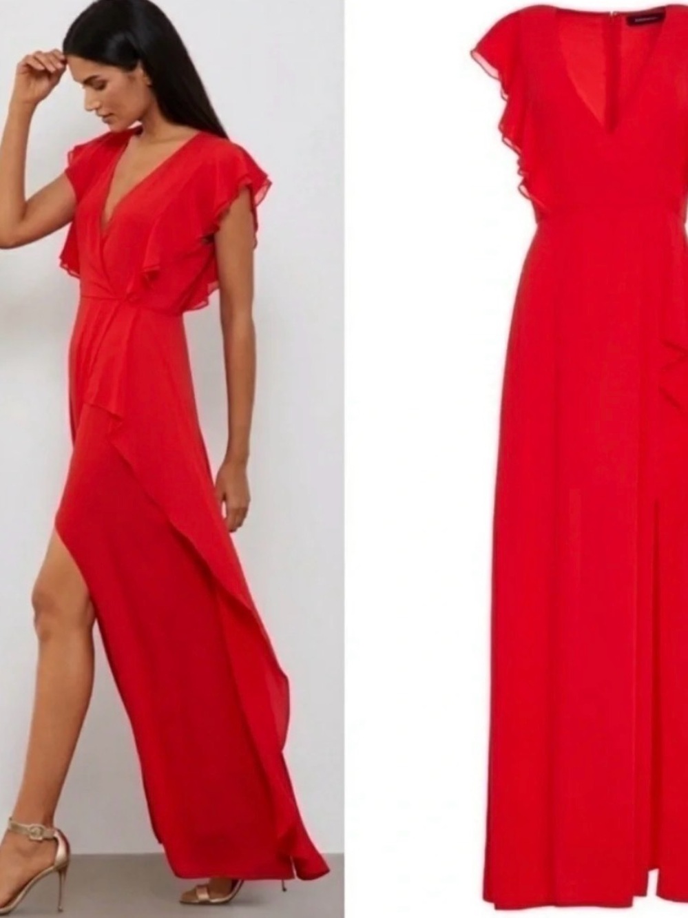 BCBGMaxazria Red/Orange 💃 Ruffle Wrap Maxi Ruffle Dress, Size 12